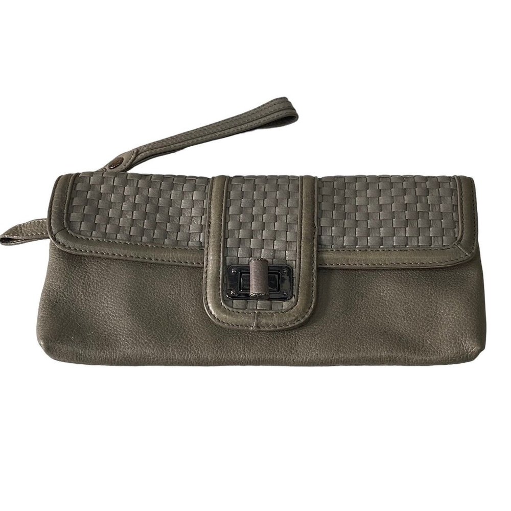 ELLIOTT LUCCA Leather Gray Woven Envelope Rectangle Flip Handbag Clutch Purse